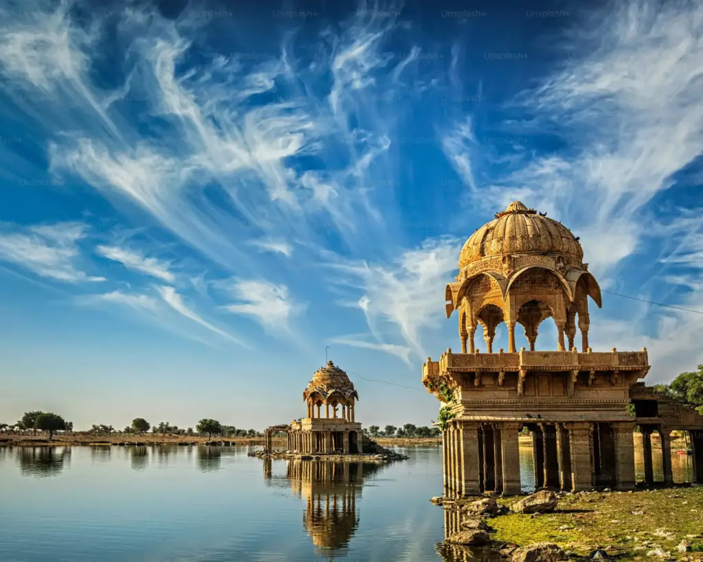Gadisar Lake pavilions under a blue sky in Jaisalmer
